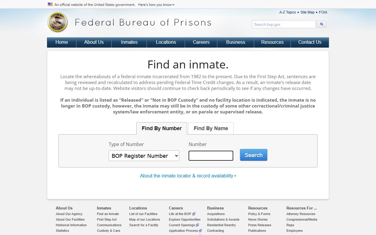 Ellis County inmate records federal BOP inmate locator