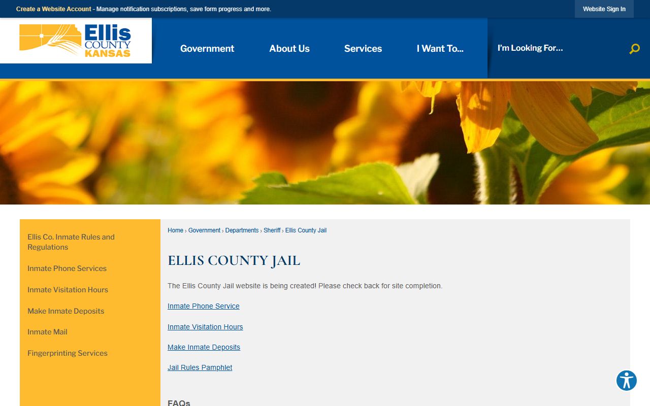 Ellis County Jail inmate lookup and jail services landing page