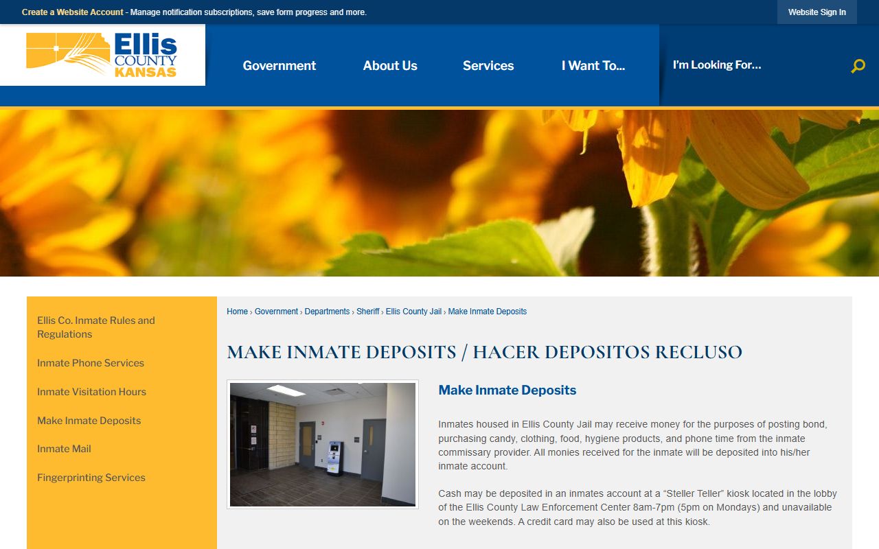 Ellis County Jail inmate money deposits and phone account information